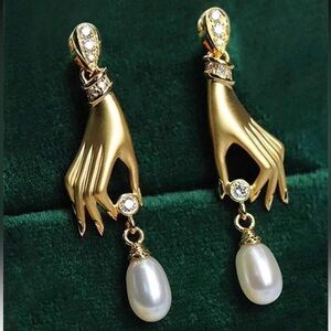 Victorian Gold Hand-Shaped Earrings with Pearls